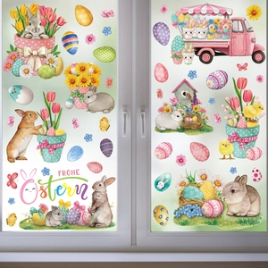 Easter Window Clings Static Rabbit Bunny Eggs Double Sided PVC Decorative Stickers For Glass Windows Party Home Decoration