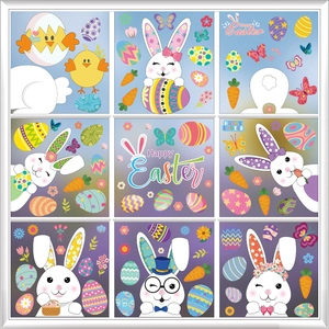 Happy Easter window clings set featuring cute bunnies, colorful eggs and floral patterns