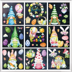 Easter egg and bunny window clings set with colorful watercolor gnomes and flowers