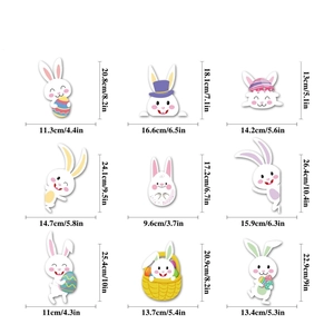 Set of 9 colorful Easter bunny window clings with cartoon egg designs and size details