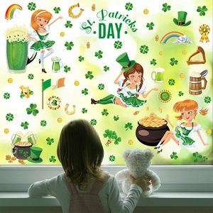 St. Patrick's Day window decals with Irish cartoon figures, clovers and rainbow stickers