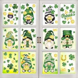 St. Patrick's Day window stickers with cute gnomes and clovers on a glass door