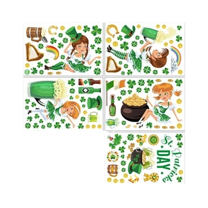 St. Patrick's Day window stickers set with Irish girls, shamrocks and gold coins