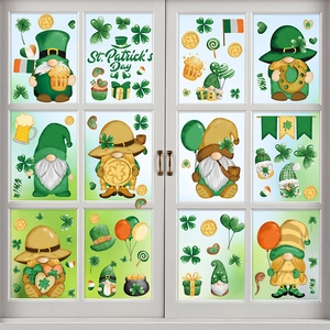 St. Patrick's Day window decals with cute gnomes, clovers and coins on glass