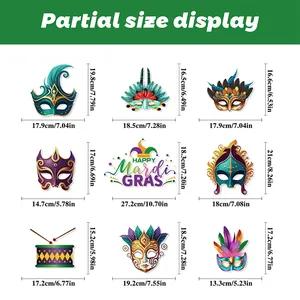 Size chart for 9 Mardi Gras static cling window decals with dimensions in cm and inches