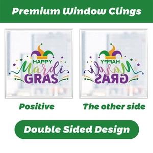 Detailed view of double sided Mardi Gras window clings with purple and gold Jester hat
