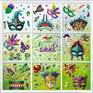 Detailed window static stickers showing festive Mardi Gras feather masks and party elements