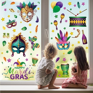 Colorful Mardi Gras window decals set with masks and feathers for festive home decoration