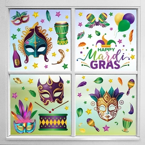 Colorful Mardi Gras window stickers set with feather masks and festive decorations