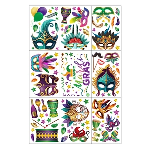 Detailed sheet of colorful Mardi Gras window clings with feather masks and festive drums