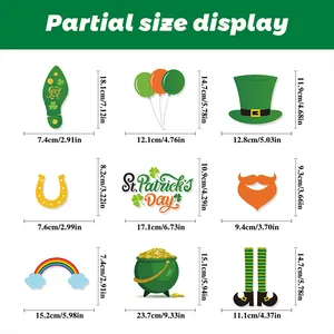 Size chart for St. Patrick's Day wall decals showing dimensions for shamrocks and gold coins