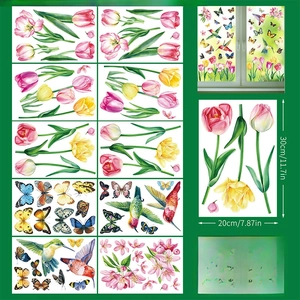 Double-sided watercolor tulip and hummingbird static window clings set of 10 sheets
