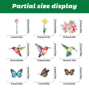 Detailed size chart for hummingbird and floral double-sided window cling stickers