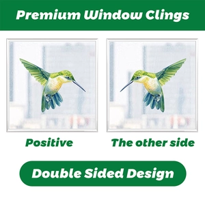 Detail showing double sided hummingbird window sticker with watercolor green and yellow finish