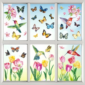 Vibrant hummingbird and butterfly floral double-sided static window clings for glass decor