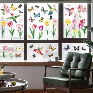 Spring hummingbird floral glass window clings for home decoration double-sided static stickers