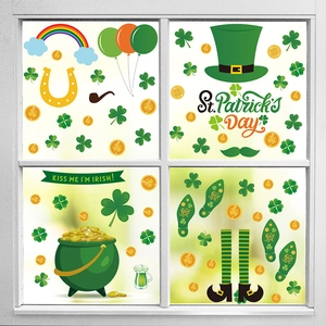 St. Patrick's Day clover window stickers with leprechaun hat and gold coin decals