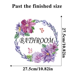 Detail of floral bathroom door sticker with lavender, roses and butterfly wreath