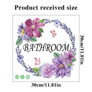 Detail of 30x30cm purple floral wreath wall sticker with Bathroom lettering and butterflies