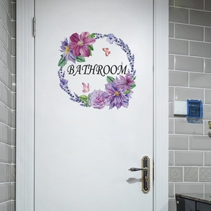 Bathroom Door Sticker PVC Waterproof Self-Adhesive Purple Floral Wreath Butterfly Lavender Toilet Decoration