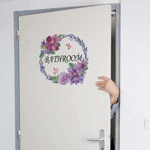 Floral bathroom door sticker with purple clematis wreath and watercolor lavender design