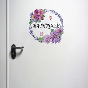 Purple floral bathroom door sticker with lavender wreath design and butterfly accents