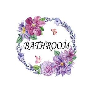 Macro detail of floral bathroom door sticker with watercolor lavender and butterfly