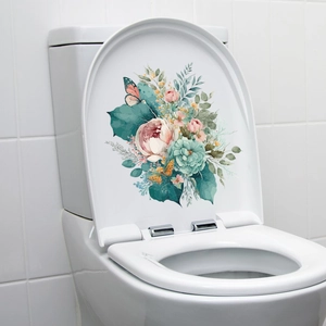 Floral toilet seat decal featuring pink peonies and butterflies for bathroom decoration
