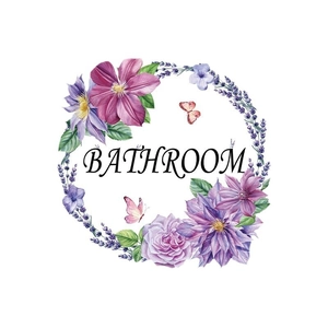 Floral watercolor bathroom wall sticker with purple flowers and bathroom lettering