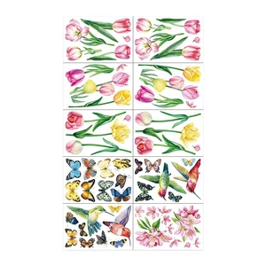 Double-sided spring window clings with tulips, butterflies, and hummingbirds decorations
