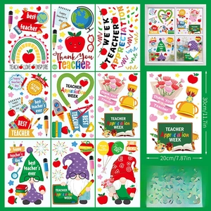 Detail showing 9 sheets of static cling decals for Teacher Appreciation Week decoration
