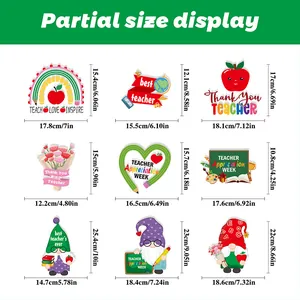 Size chart for Teacher Appreciation Week window stickers with rainbow and apple designs