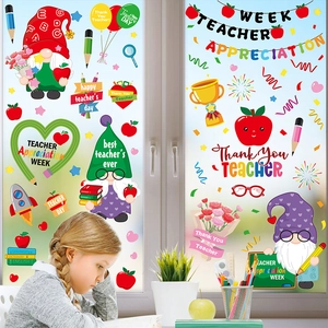 Detail of Teacher Appreciation Week static window clings with gnomes and colorful school icons