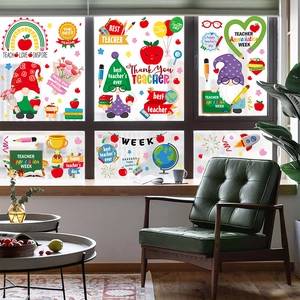 Teacher Appreciation Day static window clings with gnome and apple motifs on glass