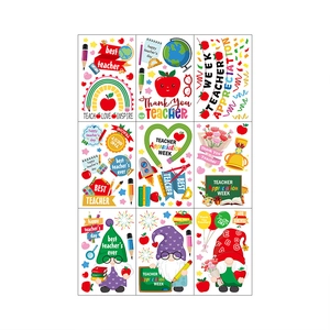 Nine-sheet layout of Teacher Appreciation Day static window clings with school motifs