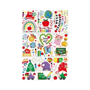 Teacher Appreciation Week window stickers featuring gnomes, pencils, and school motifs