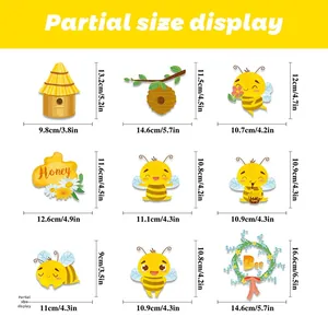 Detailed size chart for nine honey bee window clings showing dimensions in cm and inches