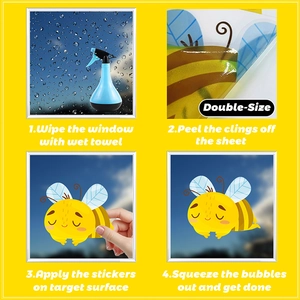 Four-step installation guide for double-sided honey bee static cling window stickers