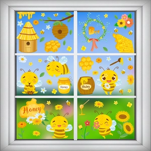 Detail of bee and floral static window clings applied to a white window frame