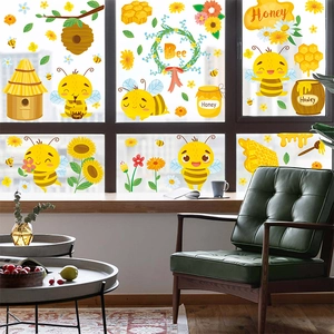 Spring honey bee flower static window stickers on glass with honeycomb and sunflower decals