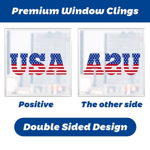 Close-up of double-sided USA window clings with patriotic star and stripe flag design