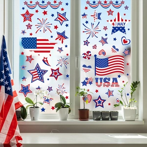 Detailed view of patriotic 4th of July window clings with USA flag and firework patterns