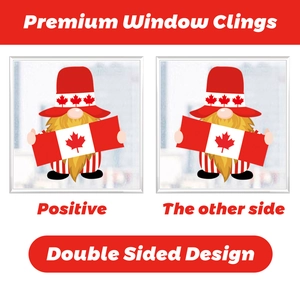 Double-sided window cling featuring a Canadian gnome with flag for festive glass decoration
