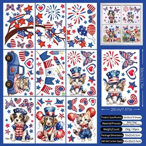 Detail of Independence Day window clings set with star-spangled hat, cat and firework designs
