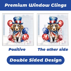 Detailed double-sided Fourth of July window cling featuring a patriotic dog with balloons