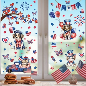 Patriotic 4th of July window clings with American flag theme cat, dog and truck motifs