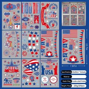 Nine sheets of Independence Day window clings with stars and stripes designs for glass