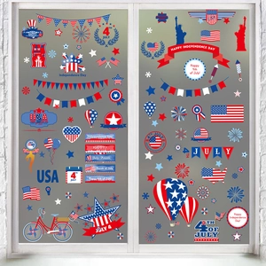 Detail of American Independence Day window clings with patriotic fireworks and flag motifs