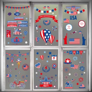 Set of 6 July 4th window clings with USA flag stars and fireworks designs