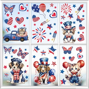 6 feuilles de stickers de fenêtre patriotiques avec chats, chiens et drapeaux des USA